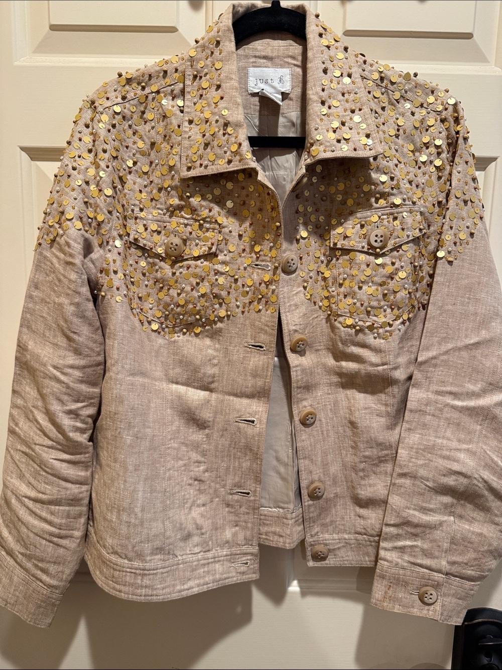 Beige Embellished Sequin Jean Jacket by Just Female